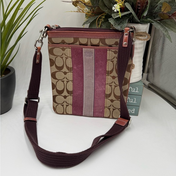 Coach Handbags - Coach Signature Stripe File Crossbody Bag Plum Lavender Suede